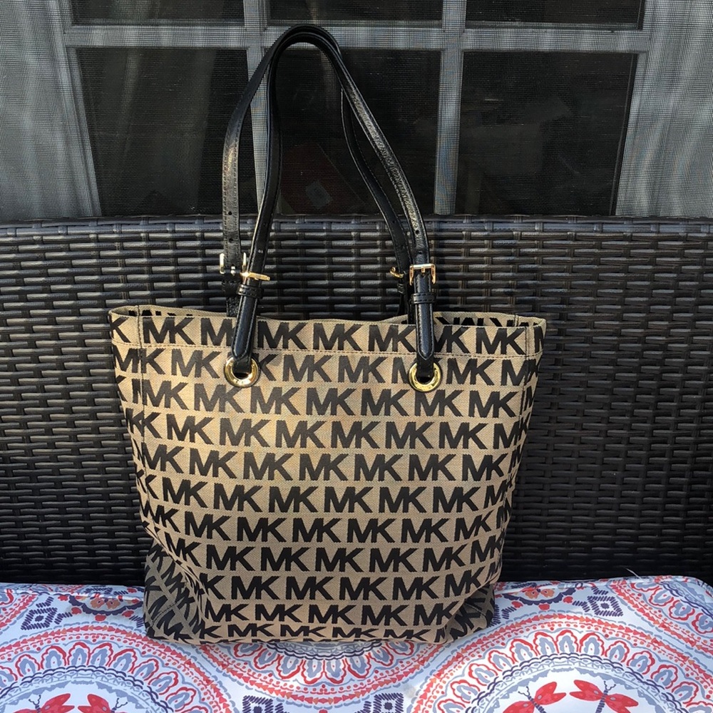 5
Michael Kors Tan with Black Mk Logo Canvas Leather Tote with matching wallet